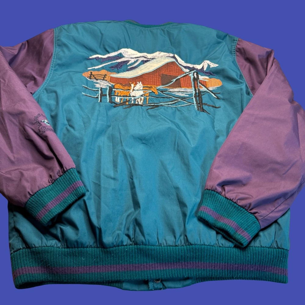 Mid West Garment Co Bomber Jacket Medium Teal Purple Snap Vintage Embroidered